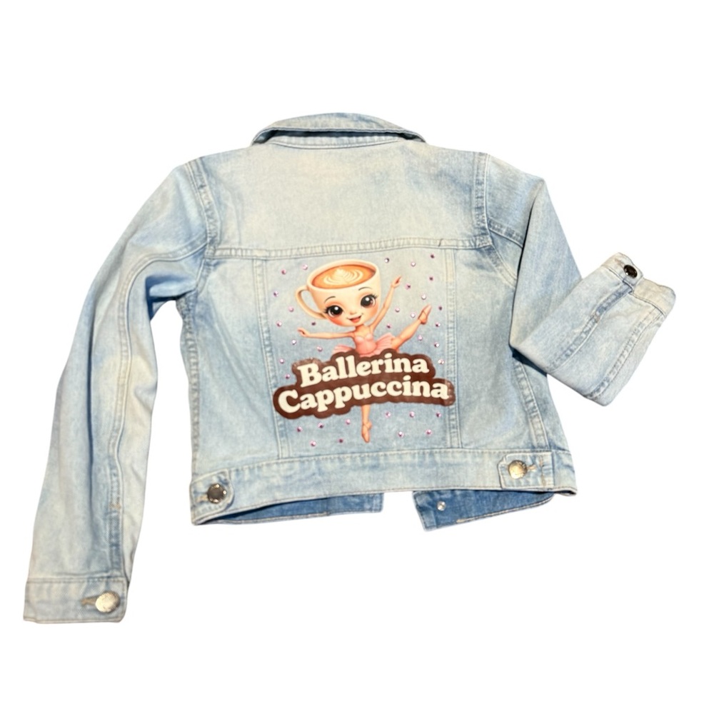 Upcycled Girls Ballerina Cappuccina Brain Rot Denim Jacket Kidcore Lace